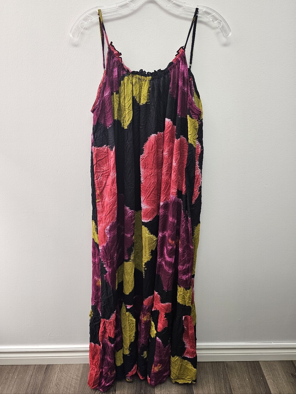 Anthropologie Black Dress with Pink, Green, And Purple Floral Detail